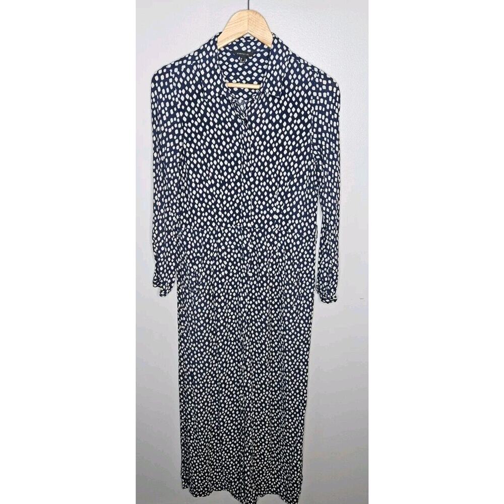 Cortefiel Womens Jumpsuit Small Navy White Print Wide‎ Leg Button Up Midi Romper